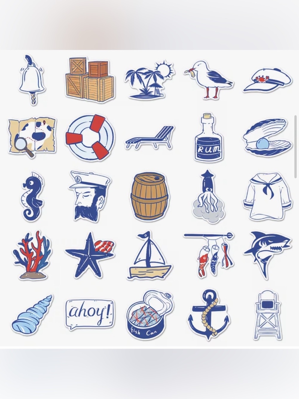 50 Blue White Nautical Stickers Anchor Ship Sailor Fish Lighthouse Rope Shell - Picture 2 of 16
